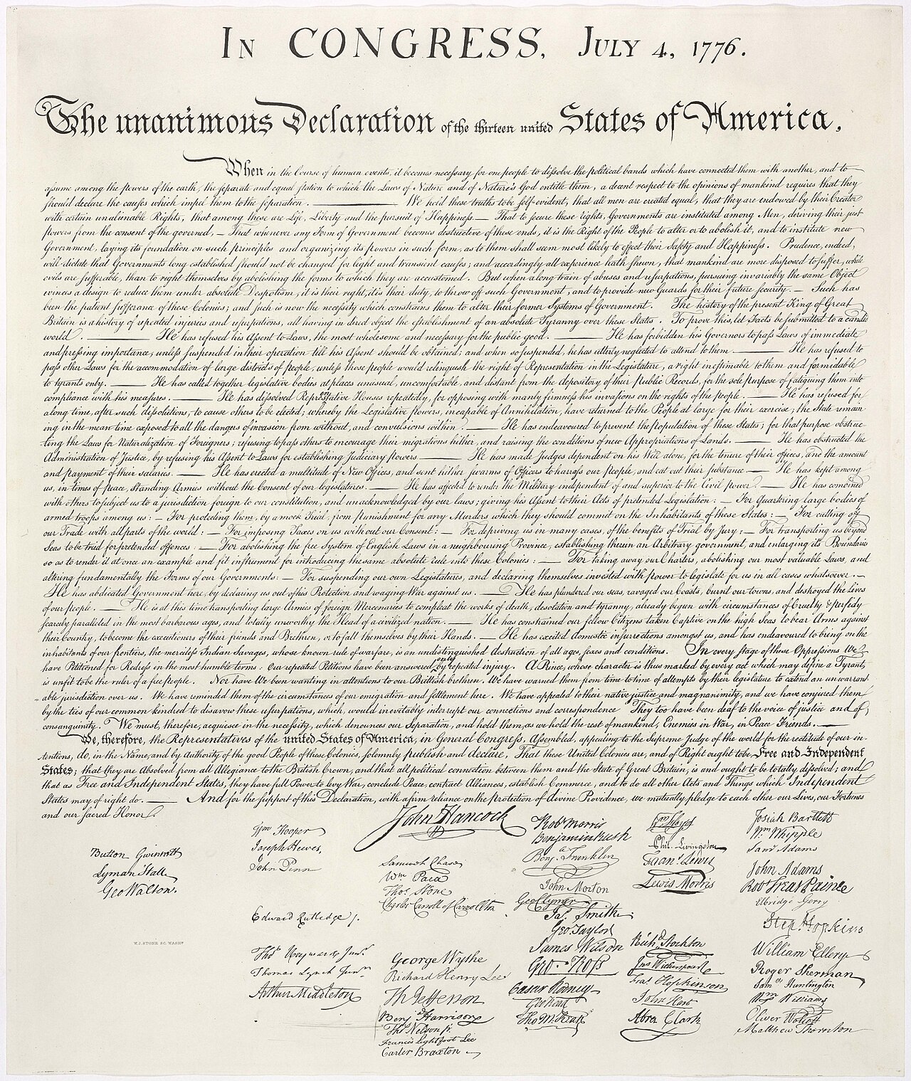 上に「IN CONGRESS, JULY 4, 1776.」と書かれ、細かい手書きの本文の下に、多くの署名がならぶ文書